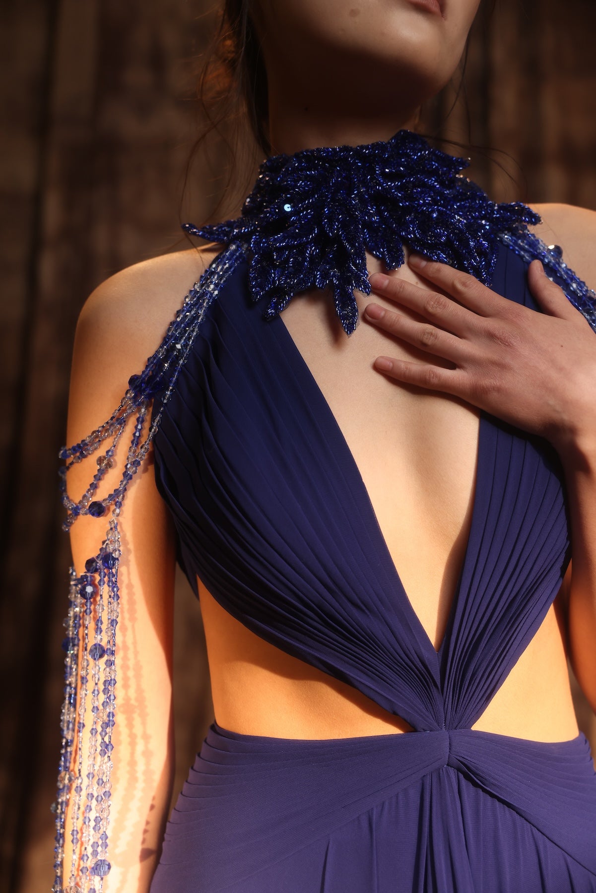 The V neck blue mousseline dress